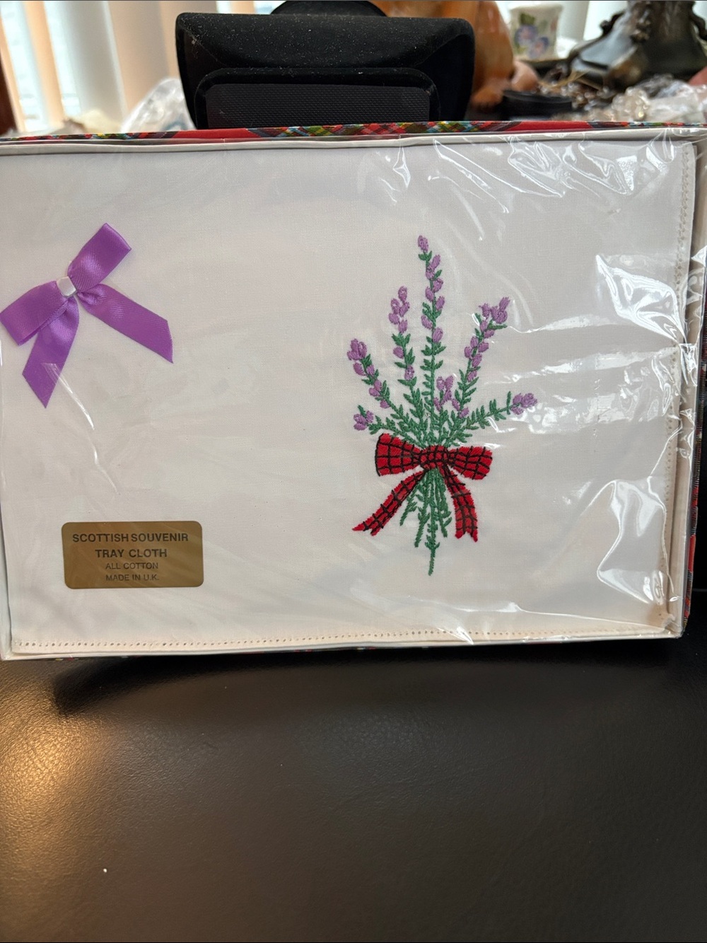 MCM Scottish Tray White Cotton Tray Cloth with Lavender Embroidery Made In UK